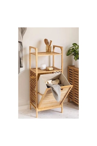 Premium Düzenleme Çözümü Banyo Rafı Çamaşır Dolabı 2 Organizer Raflı Ahşap Bambu Çek-aç Kirli Sepeti Çok Renkli