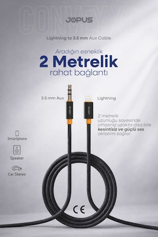 Jopus İphone 7-8-x-11-12-13-14 Uyumlu Lightning 3.5mm Örgülü Aux Ses Kablosu Stereo Destekli 2 Metre Ja-13