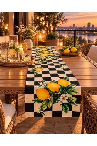 Siyah Beyaz Damalı Limon Desenli 45x140cm Masa Runnerı Çok Renkli