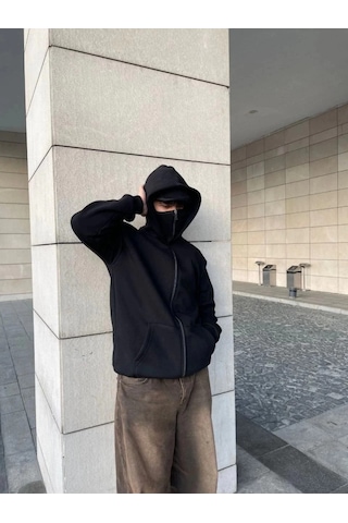 Efnaz Style Samuray Ninja Çift Kapşonlu Zıp Fermuarlı Kanguru Çepli Tam Fermuarlı Hoodie Swetshirt - Siyah