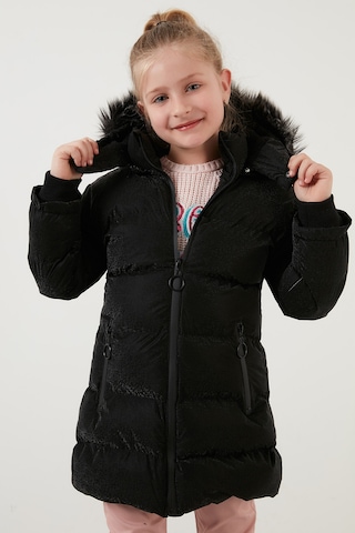 Lela Yakası Suni Kürklü Peluş Astarlı Çıkarılabilir Kapüşonlu Dar Kesim Kışlık Kız Çocuk Mont 5760002 Siyah