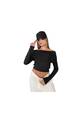 Kechi Woman Dalgıç Kumaş Madonna Yaka Beyaz Crop Siyah