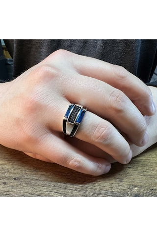 Modasilvers 925 Ayar Gümüş Mavi Baget Taşlı Erkek Yüzük (547569555)