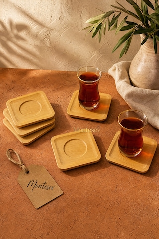 Ahşap Çay Tabağı 6 Lı Set Bardak Fincan Kupa Altlığı Kare Ahşap