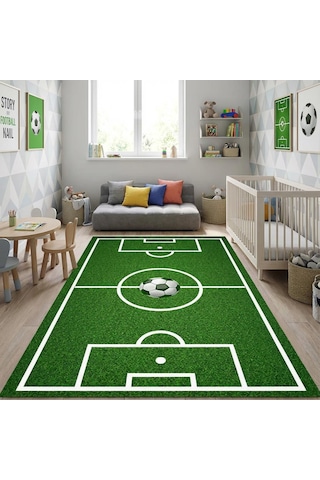 Futbol Sahası Desenli Çocuk Odası Halısı Kaymaz Tabanlı Yıkanabilir Dijital Baskı Halı Yeşil