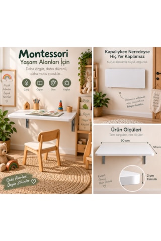 Montessori Masa 90x50 CM Katlanabilir Duvar Masası Çocuk Çalışma Oyun ve Aktivite Masası Beyaz