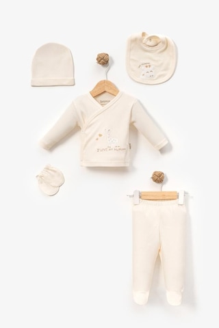 Bebitof %100 Pamuk Yavru Zürafa Desenli 5 Parça Yenidoğan Hastane Çıkışı Zıbın Seti Bbtf.krm.20229.15 Krem