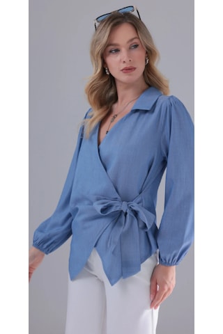 Eseclass Yandan Bağlamalı Gömlek Bluz Kruvaze Tencel Kumaş Açık Mavi