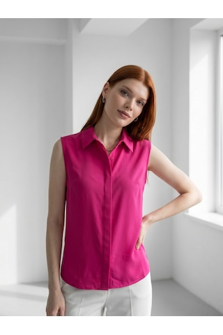Pera Moda Sıfır Kol Mevsimlik Poplin Gömlek Fuşya