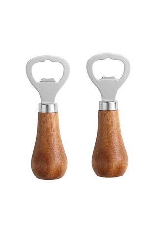 Moly Ahşap Saplı Gümüş Paslanmaz Çelik Bira Şişe Açacağı, Özel Logo, 10x3,5 Cm Gümüş