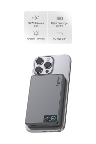 Magsafe Powerbank 10000 Mah 15w Kablosuz, 20w Pd Hızlı Şarj, Dijital Ekran, 192g V0601002 Gri