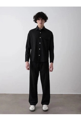 Erkek Teenage Oversize Çizgili Gömlek Pantolon Takım-15545 Siyah