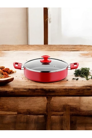 Cam Kapaklı Büyük Boy Pilav Ve Karnıyarık Tenceresi Kırmızı