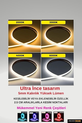 Ultra Ince 5mm. Kalınlık Cob Şerit Led 3000k Neon Gibi Yanar.
