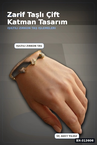 Bay Pirinç Zirkon Taşlı Yıldız Desen Gold Renk Bileklik - 1 Adet Bayan Takı Bx-313606 Najmaddin Standart