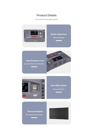 Didadodo Güneş Kontrol Cihazı 12/24v Otomatik Tanımlama Güneş Şarj Cihazı Lcd Ekranlı Çift Usb Güneş Regülatörü