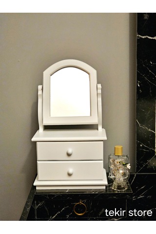 Ahşap Hareketli Aynalı Beyaz Lake Takı Ve Makyaj Organizeri