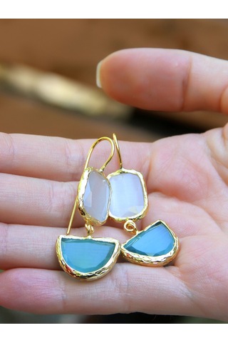 İkili Model Kedigözü Cam Sallantılı Kadın Küpe Euku26m Mavi