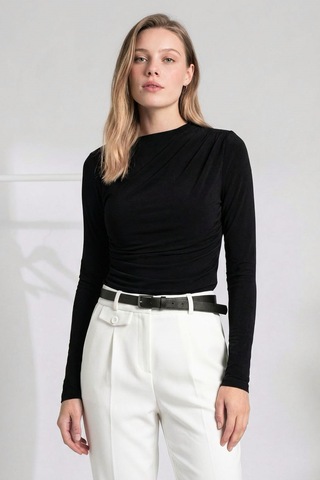 Seeh Siyah Drape Detaylı Uzun Kollu Kadın Bluz Sh358 Regular