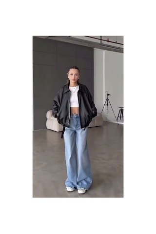 Belizmod Oversize Kemerli Bomber Deri Ceket Siyah Siyah