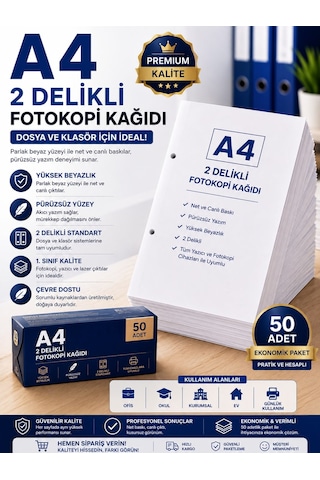Premium A4 2 Delikli Fotokopi Kağıdı 50 Adet Dosya Ve Klasör Uyumlu Yazıcı Kağıdı