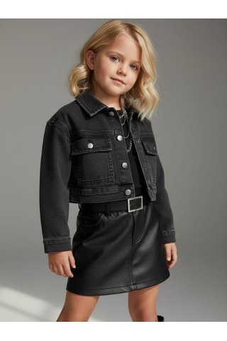 Zekids Kız Çocuk Cepli Crop Kot Ceket-16683 Siyah