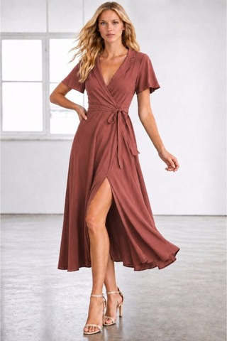 Butik İstanbul Kadın Kısa Kollu Kruvaze Yakalı Belden Kuşaklı Yırtmaçlı Midi Viskon Elbise Turuncu