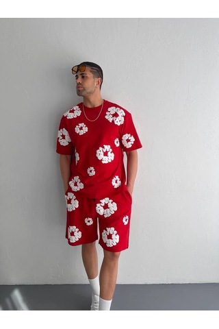 İki İplik Kumaş Baskılı T-shirt Şortlu Takım- Kırmızı Çok Renkli