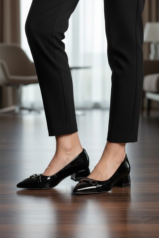 Siyah Rugan Dar Kalıp Kadın Abiye Ayakkabı Pc-55197 Z Siyah Rugan