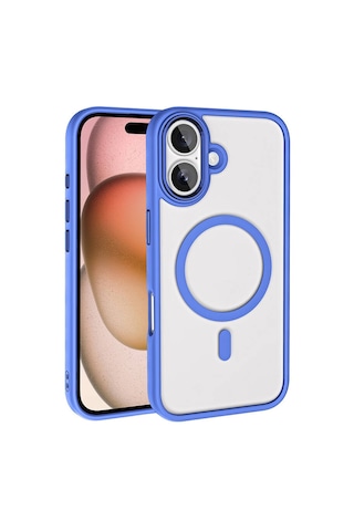 Apple Uyumlu iPhone 16 Plus Kılıf Wireless Şarj Özellikli Zore Krom M-safe Silikon Kapak Mavi