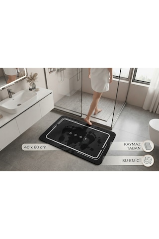 Su Emici Paspas Şık Tasarım Abdest Paspası Kaymaz Taban 40 X 60 Cm Kare Paspas Siyah - Gri Banyo Önü Paspası