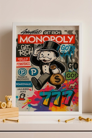 Monopoly Get Rich Çerçeveli Tablo Angel Number 777 Genç Girişimci Yatırımcı Ofisi Dekoru Street Art