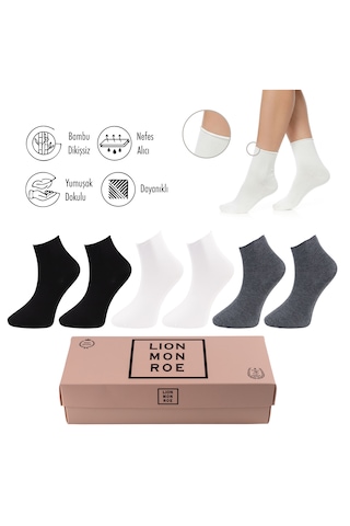Lion Monroe Saf Bambu Kadın Lastiksiz Siyah-Beyaz-Gri Soket Dikişsiz Premium Çorap Kutulu 6'lı / Iz Bırakmaz / Sıkmayan Çorap L5952az