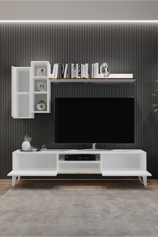 Tocco 1051 Mahur Modern Kitaplıklı Raflı Sehpa Tv Ünitesi-beyaz