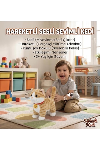 Sevimli Kedi Uzaktan Kumandalı Sesli Miyavlıyan Dil Çıkaran 5 Fonksiyonlu Oyuncak Peluş Hayvan Turuncu Çok Renkli