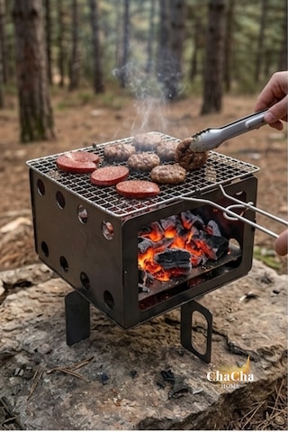 Taşınabilir Katlanabilir Kamp Ocağı & Ateş Çukuru Portatif Outdoor Mangal Metalik Gri