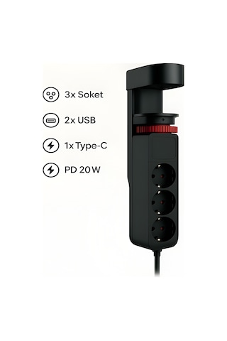 Masa Tutacaklı Akım Korumalı 2xusb-a, 3'lü Priz, Pd 20w 1usb-c Te
