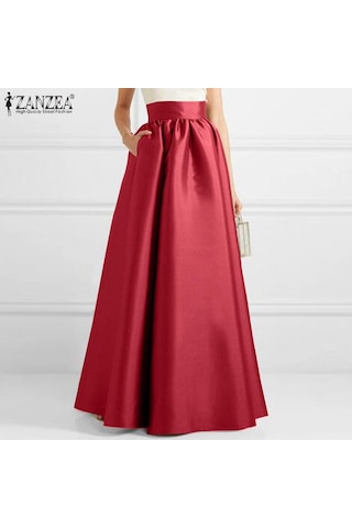 Zanzea Kadın Moda Yüksek Bel A-line Saten Etekler Düz Renk Parti Uzun Etekler Asker Yeşili Yeşil