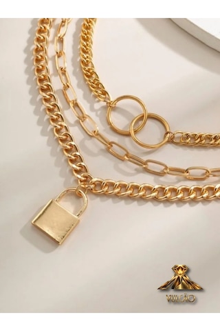 Gold Renk Kilit Ve Halka 3 Katmanlı Kolye Altın
