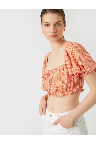 Koton Crop Bluz Kare Yaka Balon Kollu Turuncu Ekose 2sak60189ew 2SAK60189EW2C0 Turuncu