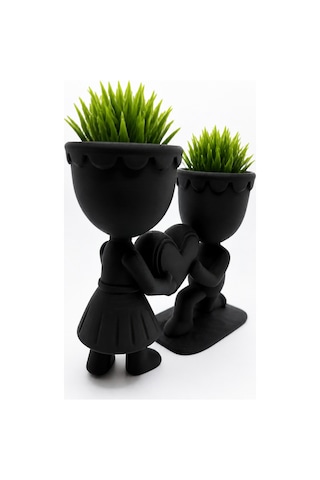 Vaveni 3d Baskı Aşk Saksısı - Kalp Tutan Çift Figürlü Dekoratif Saksı - Siyah Arz