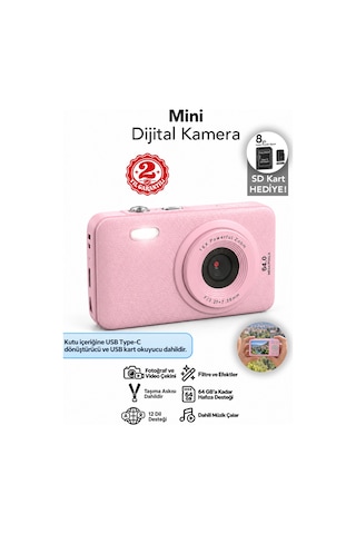 Mimtec Blm-105 Mini Dijital Fotoğraf Makinası - 2.8" Hd Ekran 12 Farklı Dil Seçenekli Dijital Video Kamera Pembe