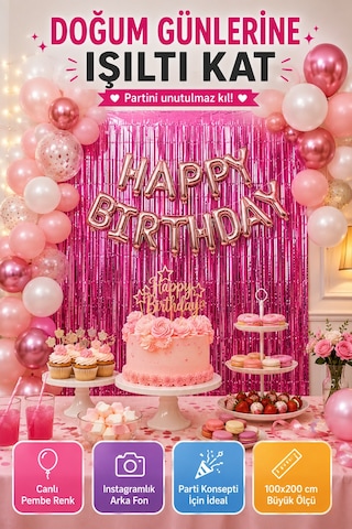 Pembe Folyo Parti Perdesi 100x200 Cm Doğum Günü Baby Shower Arka Fon Süs Dekoru
