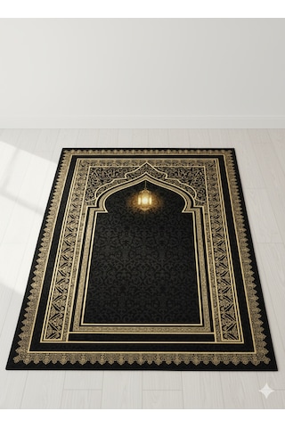 Siyah Seccade Ve Namazlık Dijital Baskılı Yumuşak Diz Acıtmaz Siyah - Altın