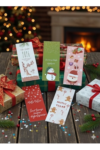 5 Adet Yılbaşı Konsept Ayraç - Yılbaşı Paketleme Kartı - Yılbaşı Hediyesi - Kitap Ayracı 6x15cm