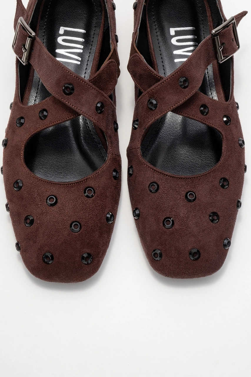 Addıson Kahverengi Süet Taşlı Çapraz Bantlı Kadın Babet Ayakkabı Kahverengi