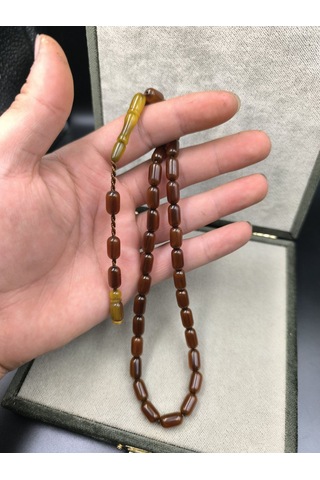 Osmanlı Benzetme Sıkma Kehribar Tesbih Tütün Kehribarı, 12x7 Mm Gümüş