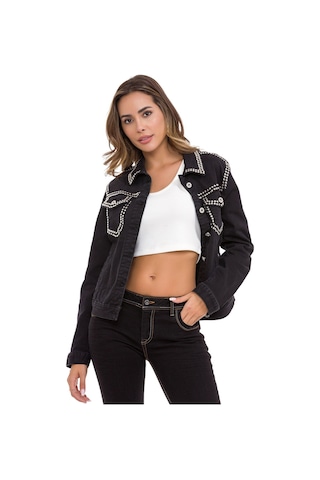 Wj213 Kadın Gümüş İşlemeli Denim Ceket 001