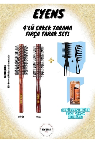 Eyens 4'lü Erkek Tarama Fırça Tarak Seti Şekillendirici Toz Wax Hediyeli