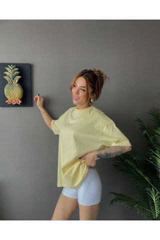 Kadın Oversize Basic Tişört Salaş Kesim Pamuklu Günlük T-shirt Sari